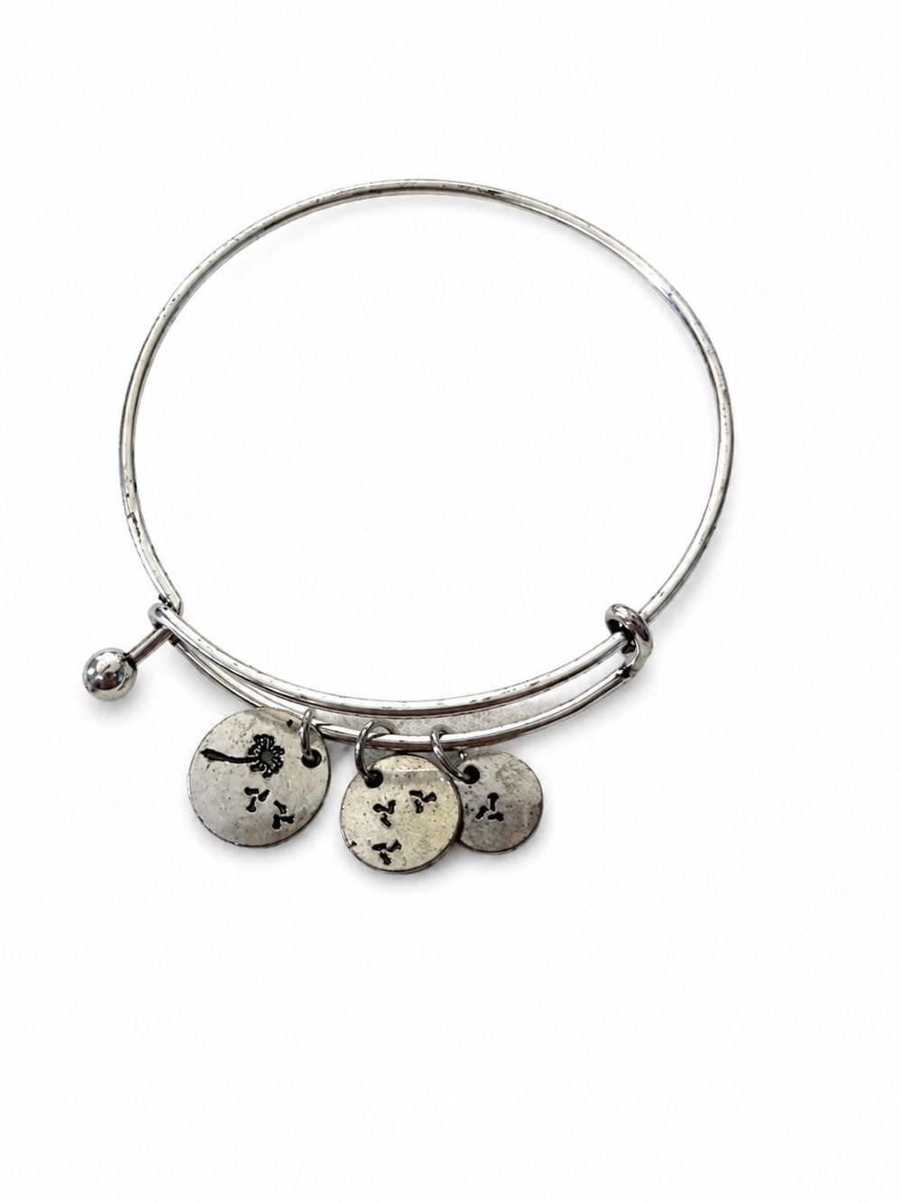 Silver Tone Dandelion Wish Charm Adjustable Bangle Bracelet Boho